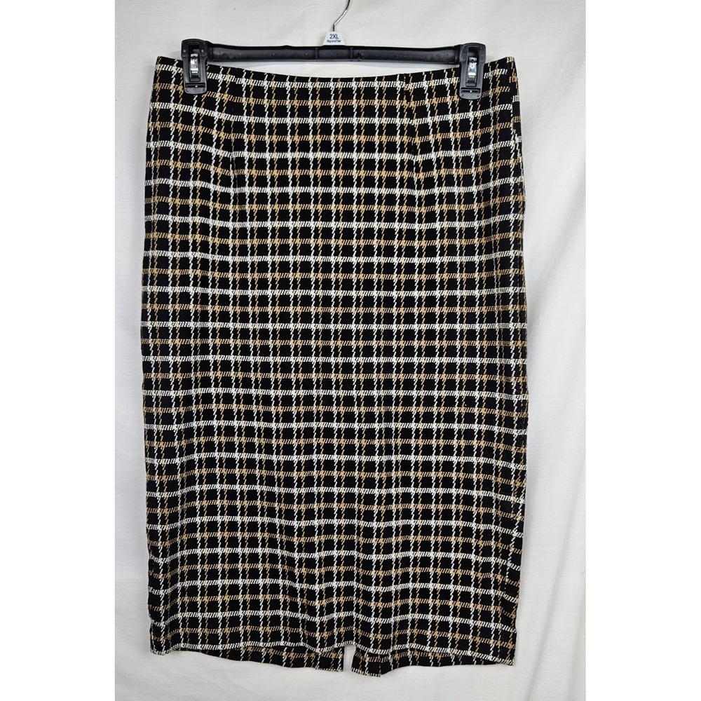 J. Jill Ponte Pencil Skirt M Tall Black Tan Plaid Lined Stretch Preppy Academia